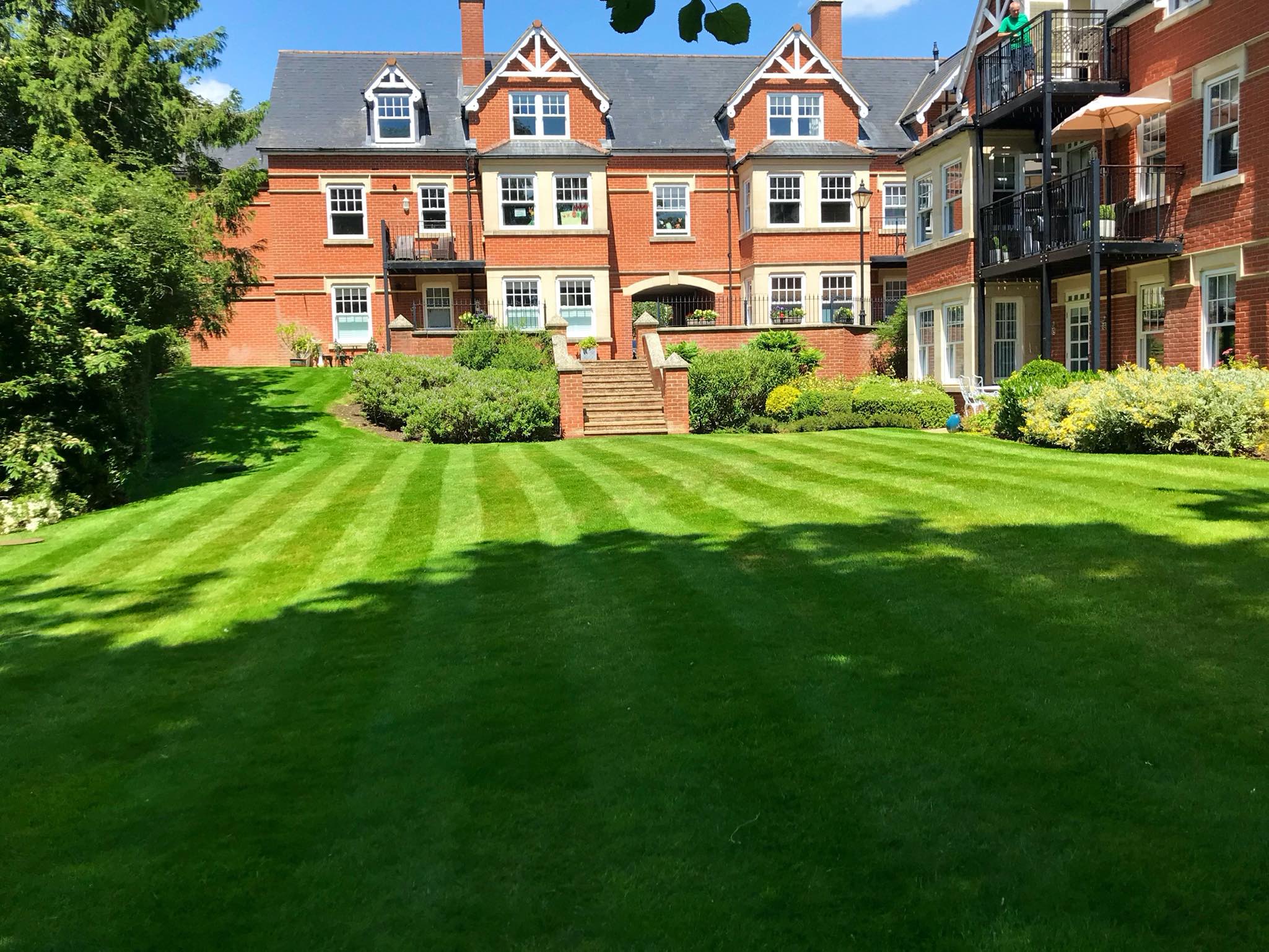 Beautiful healthy green lawn with red brick house sun shining blue sky